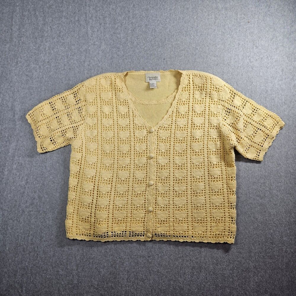 Vintage Y2K Yellow Crochet Cardigan Womens Yellow Hearts Button Cottage Black